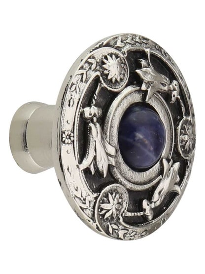 Jeweled Lily Cabinet Knob Inset with Blue Sodalite - 1 1/4 inch Diameter in Brite Nickel.